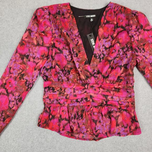 NWT Steve Madden Top Womens Size Medium Azura Sheer Fuchsia V Neck Long Sleeve - Picture 6 of 16